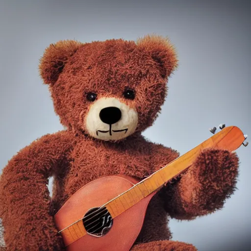 Prompt: a photograph of a teddybear, he is holding a guitar, vivid color, 50mm, depth of field