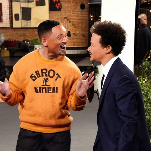 Image similar to will smith interview, eric andre show still