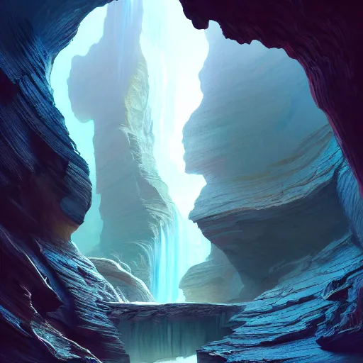 Prompt: light is mine to travel,beyond time ,the cathedrals in a canyon grotto of life the beginning , geological strata,ground mist, falling water,pools of water, by Sparth and Greg Rutkowski, hypermaximalist,micro details, 3d sculpture,,digital rendering,octane render , 4k, artstation, concept art , f22,deep depth of field,photographic, wide angle,cinematic lighting