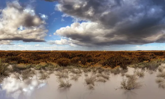 Image similar to beautiful panorama of many magnificent big raindrops flying upwards into the perfect cloudless blue sky above a dried up river surrounded by desolate land and dead trees, blue sky, hot and sunny highly-detailed, elegant, dramatic lighting, artstation, 4k, cinematic landscape, masterpiece photograph by Elisabeth Gadd