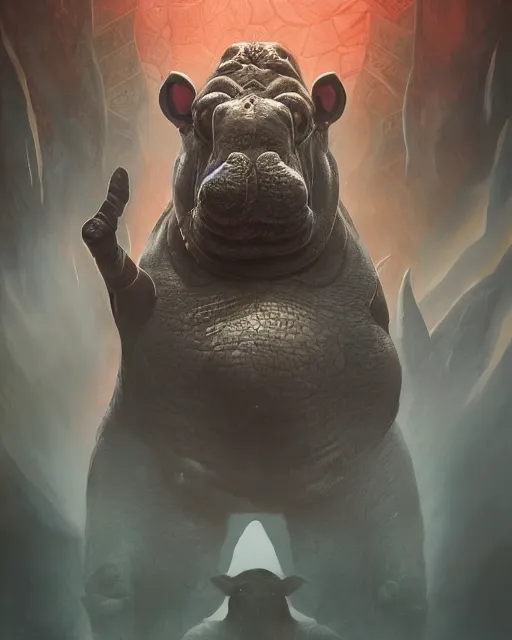 Image similar to Hippo, Anthropomorphized, portrait, as evil warlord general on skull throne, magic the gathering artwork, D&D, fantasy, cinematic lighting, centered, symmetrical, highly detailed, digital painting, artstation, concept art, smooth, sharp focus, illustration, volumetric lighting, epic Composition, 8k, art by Akihiko Yoshida and Greg Rutkowski and Craig Mullins, heroic pose, oil painting, cgsociety, Battlefield background, explosions, arrows