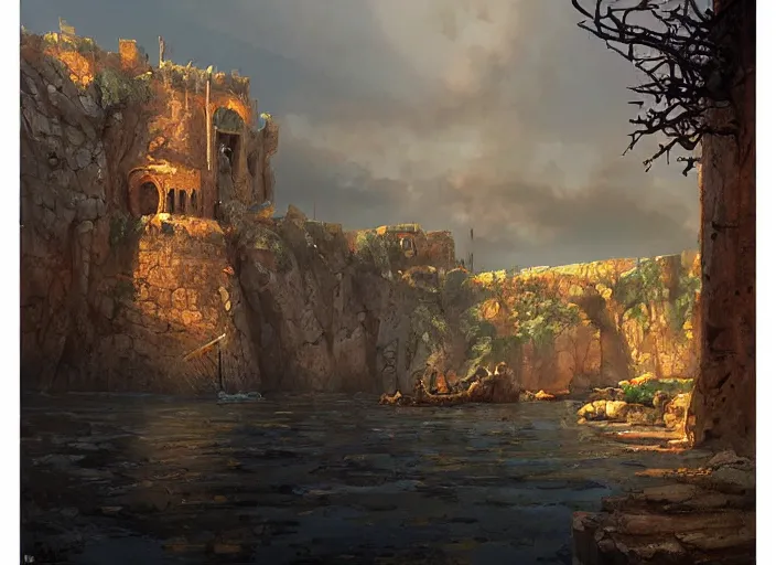 Prompt: painting of King's Landing, imposing, calm, air shot, morning lighting, painted by Marc Simonetti