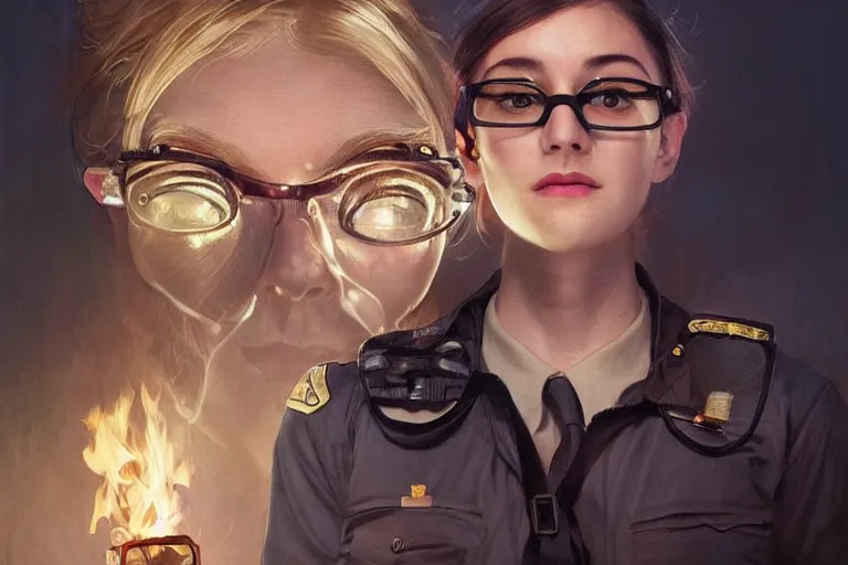 Prompt: Beautiful portrait of a glowing police officer wearing specs. wide angle, magic, fire, face painting, darkness, dramatic lighting, intricate, wild, highly detailed, digital painting, artstation, concept art, smooth, sharp focus, illustration, art by artgerm and greg rutkowski and alphonse mucha, footage from space camera