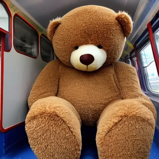 Prompt: a giant teddy bear in a train