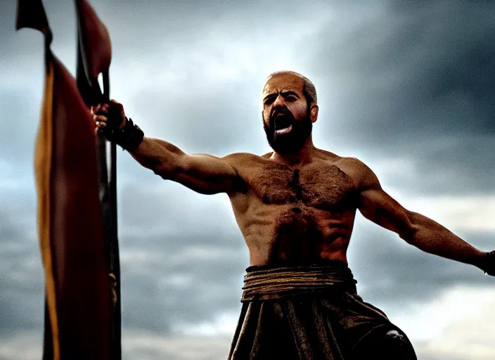 Image similar to film still of joe biden as leonidas shouting in 3 0 0 movie, 8 k, epic moody sky, dramatic lighting