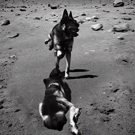 Prompt: German Shepard walking a human on mars in the style of Dali