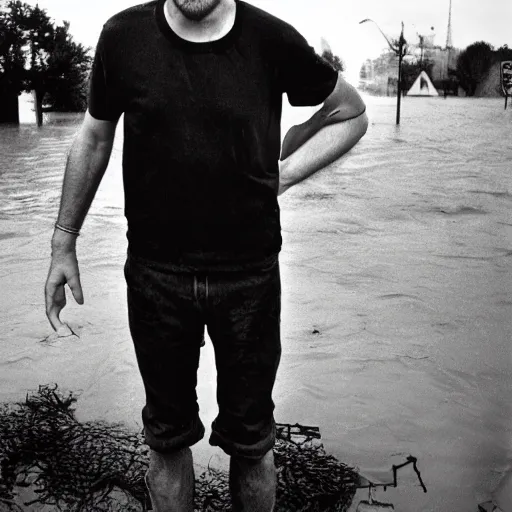 Prompt: Aphex Twin standing in front of a flooded german town