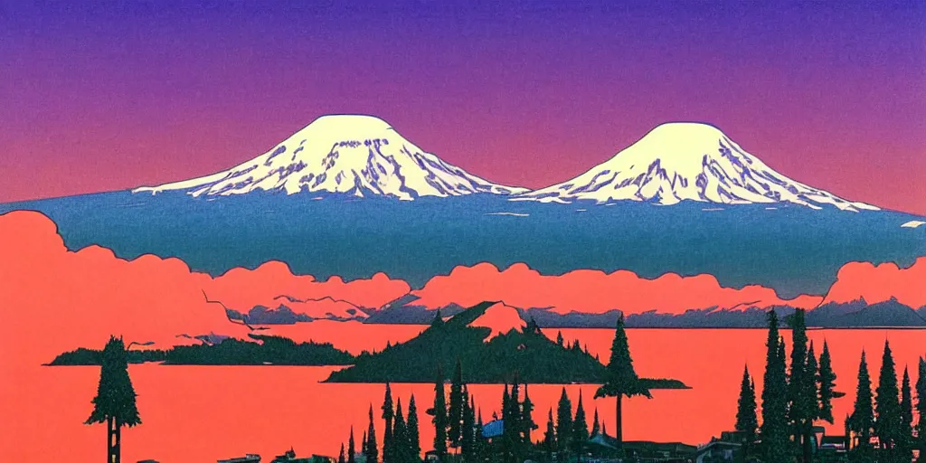 Image similar to seattle with mount rainier in the background, acid and dreaming psychedelic hallucinations, by kawase hasui, moebius and edward hopper, colorful flat surreal design, hd, 8 k, artstation