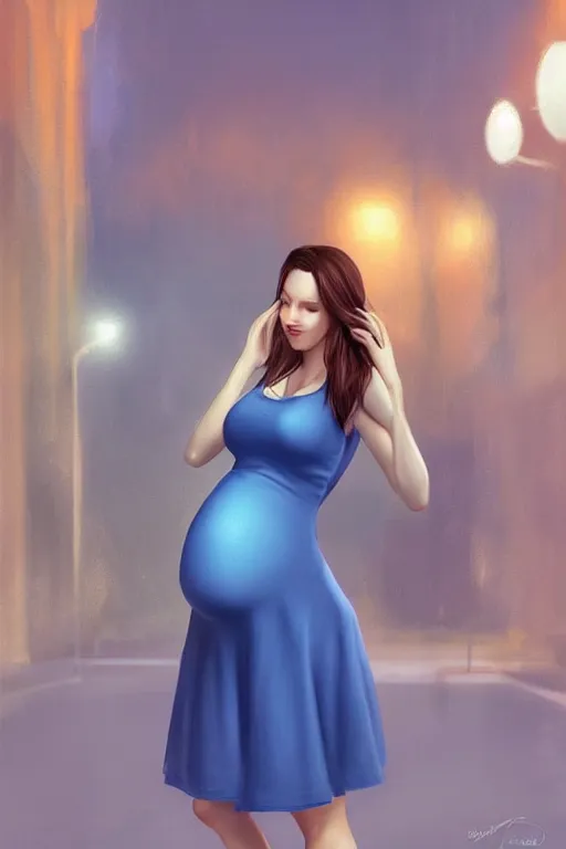 Image similar to pregnant woman in a short blue dress in night under street light, highly detailed, sharp focused, ultra realistic digital concept art by artgerm and gre