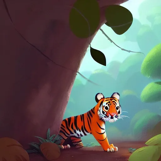 Image similar to goro fujita illustration a young little tiger in the jungle by goro fujita, painting by goro fujita, sharp focus, highly detailed, artstation