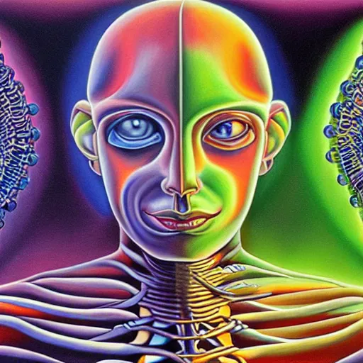 Image similar to enlightened biomechanical a. i, oil painting by alex grey