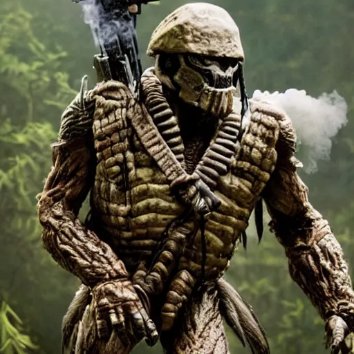 Image similar to cinematic, 4 k, full body portrait, rock golem as a soldier smoking a cigarette, still from the movie predator