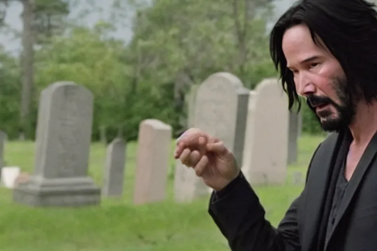 Image similar to film still of keanu reeves crying in a cemetery in a new sad movie keanu grieves