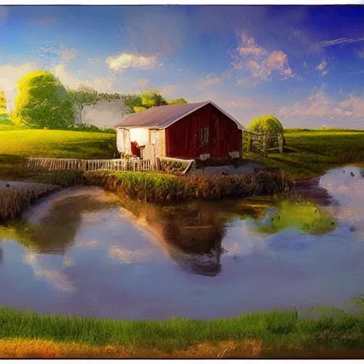 Image similar to farmhouse beside a lagoon, digital art, artstation, Darrel k sweet
