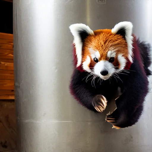 Prompt: a red panda doing a handstand on a keg