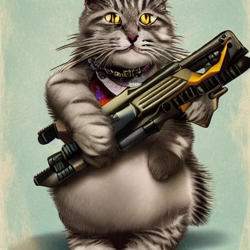 Prompt: fluffy anthropomorphic cat with lots of guns