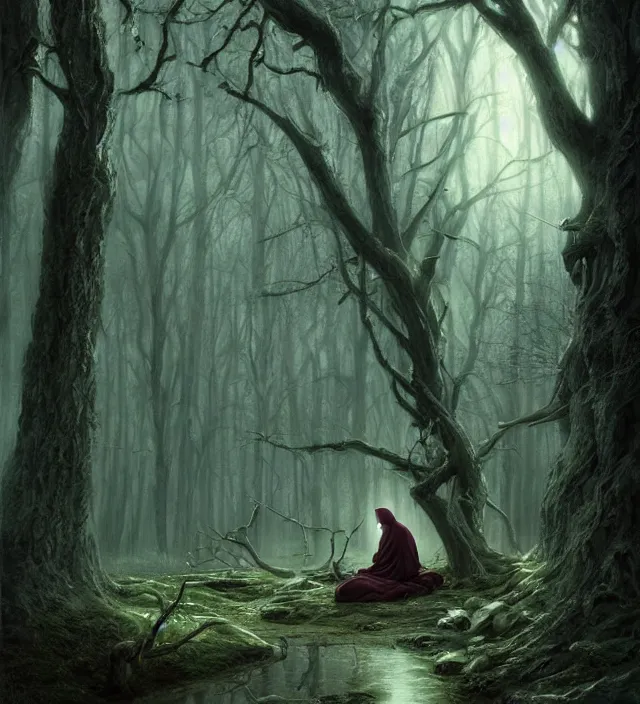 Image similar to hooded monk of the enchanted woods. peace, serenity, stillness, tranquility and a deep sense of magick. cinematic atmospheric lighting, mystical, atmospheric, wicca, painted, intricate, ultra detailed. by dave dorman, well composed, best on artstation, cgsociety, epic, stunning, gorgeous, intricate details, wow, masterpiece