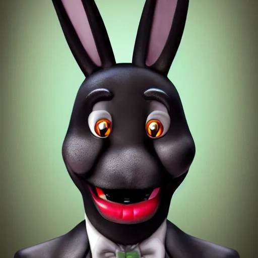 Image similar to A extremely highly detailed majestic hi-res beautiful, highly detailed head and shoulders portrait of a scary terrifying, horrifying, creepy black cartoon rabbit animatronic with scary big eyes, laughing and standing up wearing pants and a shirt in the style of Walt Disney