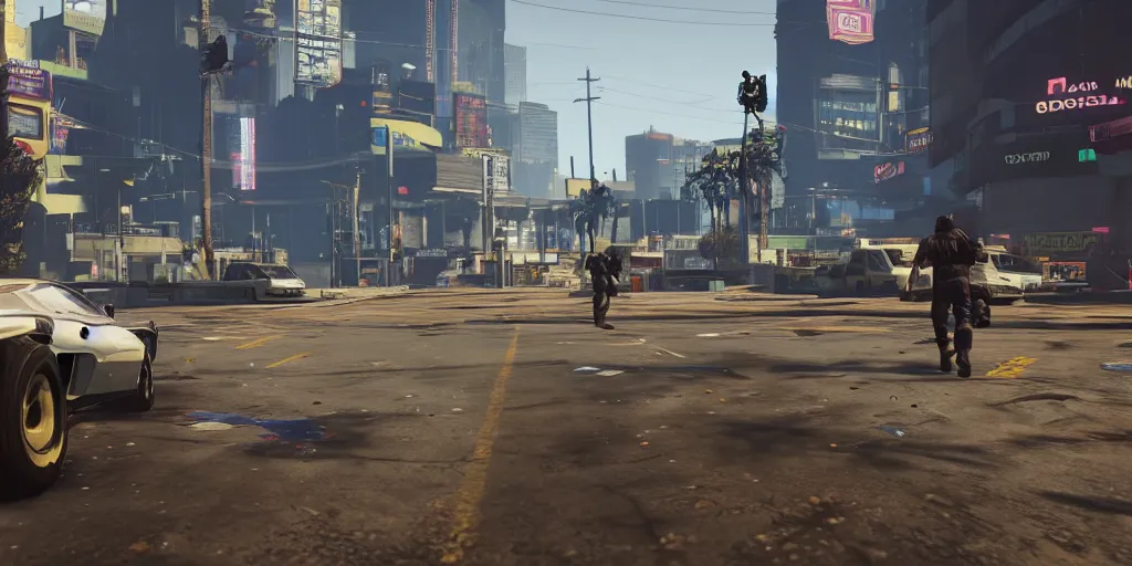 Prompt: screenshot of a game, as if GTAV and Cyberpunk 2077 are the same game, taken at the ground level.