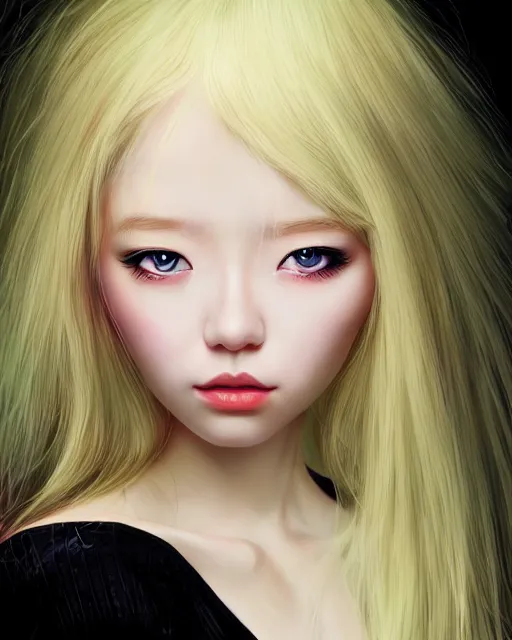 Prompt: lazy eye melting hyper realistic photograph of blonde korean girl alice,, dramatic lighting alice in wonderland, dj sura face, artgerm, ilya kuvshinov