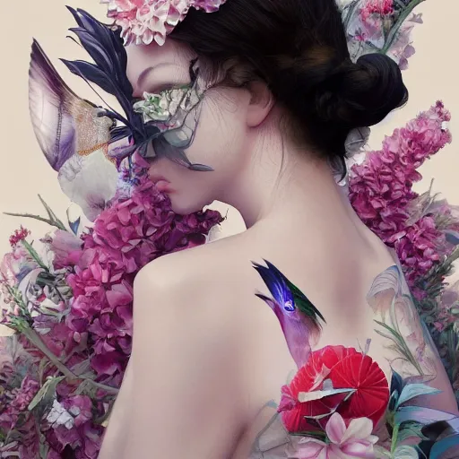 Image similar to 3 / 4 view of a beautiful girl wearing an origami dress, eye - level medium shot, fine floral ornaments in cloth and hair, hummingbirds, elegant, by eiko ishioka, givenchy, craig mullins, by peter mohrbacher, centered, fresh colors, origami, fashion, detailed illustration, vogue, high depth of field, japanese, reallusion character creator