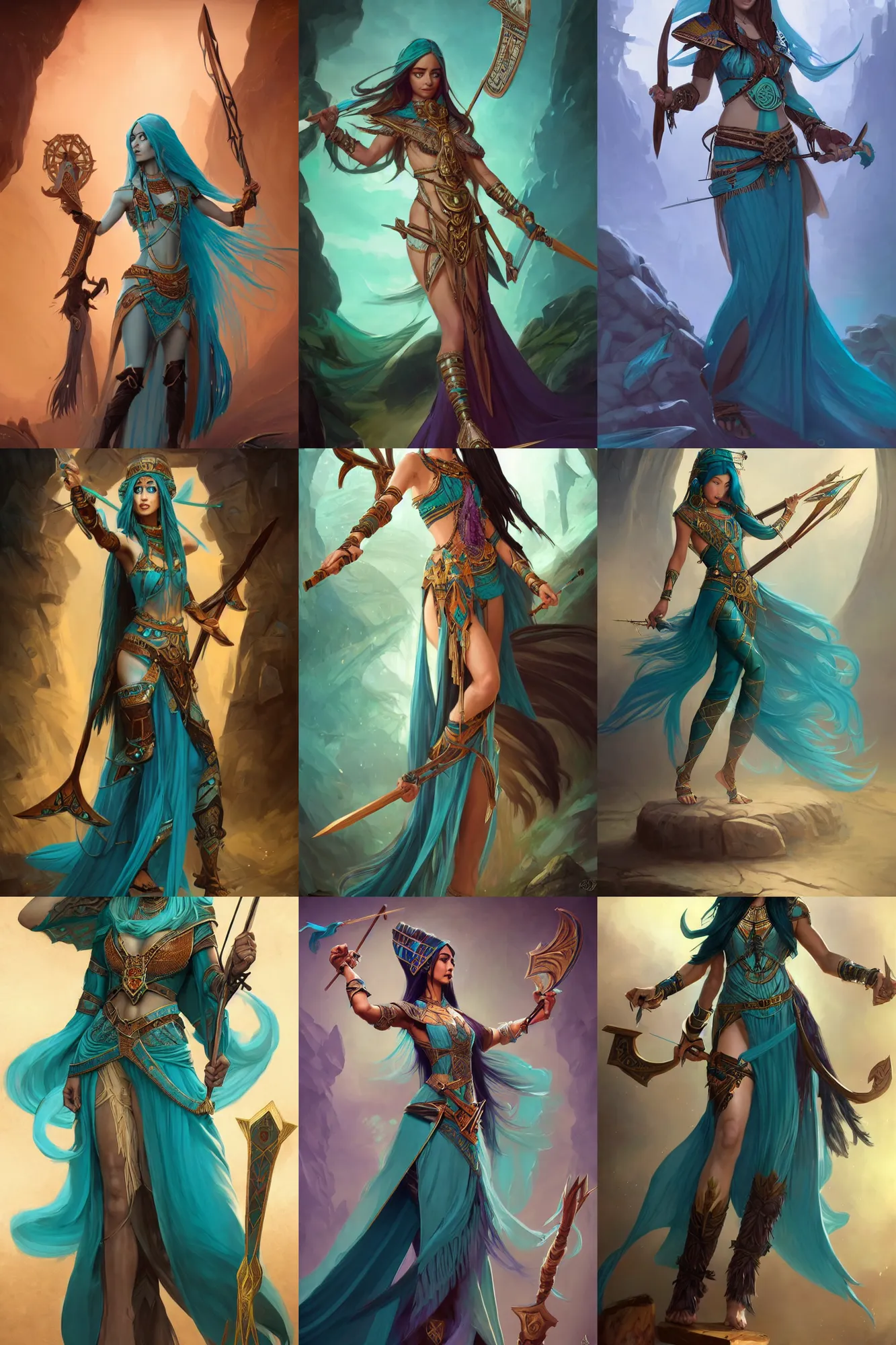 Prompt: beautiful sorceress female with teal skin, full body shot, long hair, egyptian clothing, with a wooden stuff and a crossbow, d & d, fantasy, intricate, elegant, highly detailed, digital painting, artstation, concept art, matte, sharp focus, illustration, hearthstone, art by artgerm and greg rutkowski and alphonse mucha
