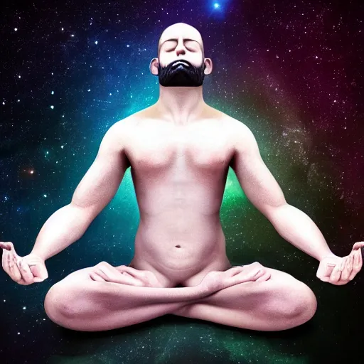 Prompt: a man in a deep meditative state become one with the universe