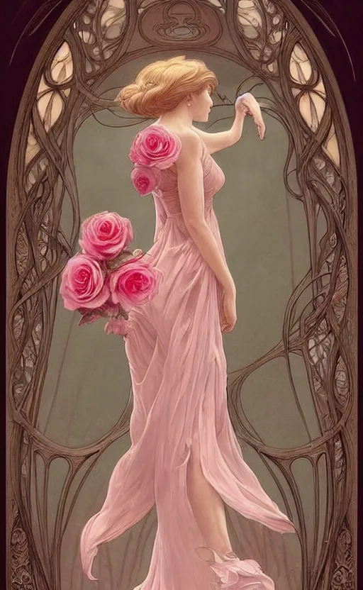 Prompt: delicate !!beautiful!! woman dressed in a vaporous wrapped large victorian pink roses silk semi-transparent dress fashion is running, fantasy, intricate, elegant, highly detailed, digital painting, trending on artstation, concept art, matte, sharp focus, illustration, art by Artgerm and Greg Rutkowski and Alphonse Mucha, trending on instagram, art nouveau