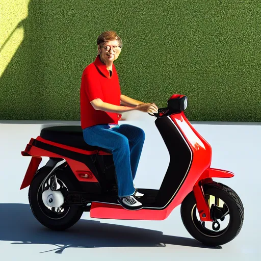 Image similar to bill gates riding a 1 9 8 7 honda elite scooter in palm springs, hd, octane render, 3 d