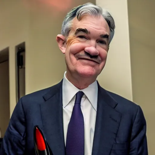 Image similar to photo of Jerome Powell with whiteface clown makeup using a flamethrower