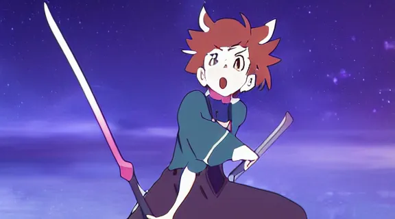 Image similar to Anime Screenshot of a LITTLE WITCH ACADEMIA unsheathing her sword at night, strong blue rimlit, visual-key, Nighttime Moonlit, anime illustration BY STUDIO TRIGGER