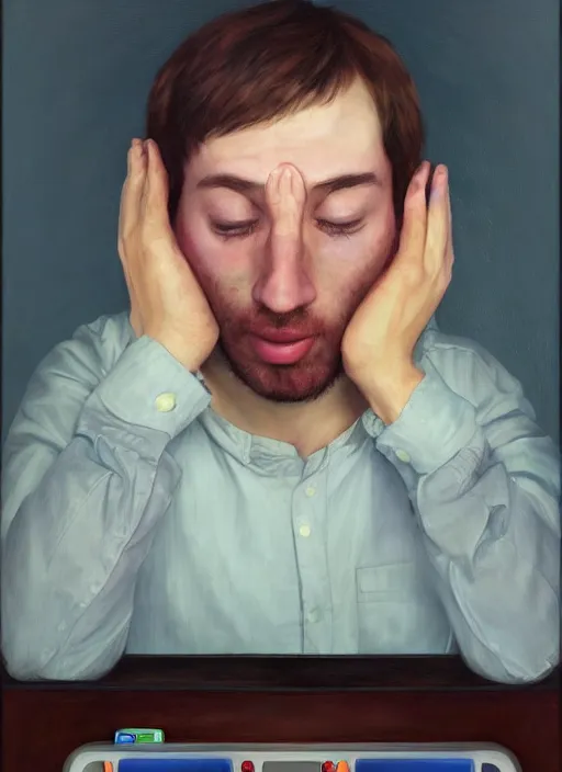 Image similar to portrait of a sleepy - looking programmer guy begging for forgiveness in front of his monitor, oil on canvas, masterwork, fine detail, trending on artstation, emotive, insanely compelling, ryden, koons