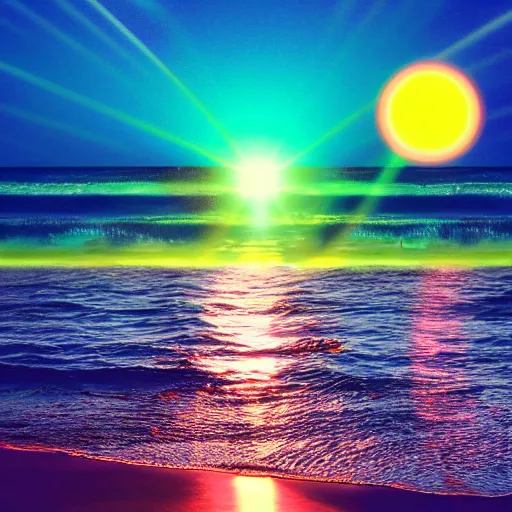 Image similar to Photo of a shimmery glowing orb emerging from the ocean over a synthwave sunset, ultrarealistic