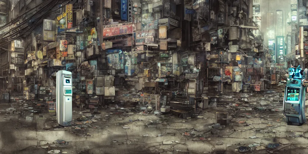 Image similar to broken robot lying deserted shinjuku junk town, watercolor, ghost in the shell, soft bloom lighting, paper texture, bright sun bleached ground, vending machine, robot lurks in the background, koji morimoto, katsuya terada, genius party, animatronic, black smoke, pale, beige sky pencil marks, hd, 4k, remaster, dynamic camera angle, fish eye, dynamic scene