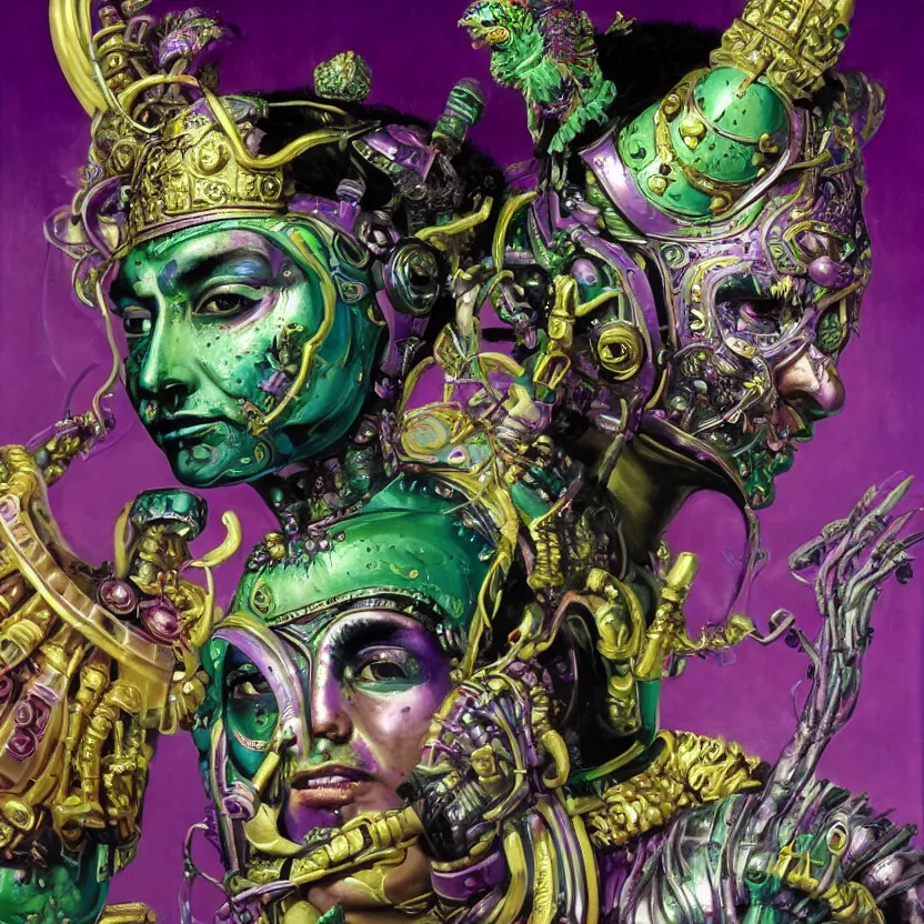 Prompt: a baroque close - up portrait of a purple and green fantasy alien cyborg shaman god wearing facepaint and a colorful futuristic aztec headset with metallic technology, holding a bird. cosmic black background. studio lighting. highly detailed science fiction fantasy painting by norman rockwell, moebius, frank frazetta, syd mead, and sandro botticelli. high contrast. renaissance masterpiece. artstation.