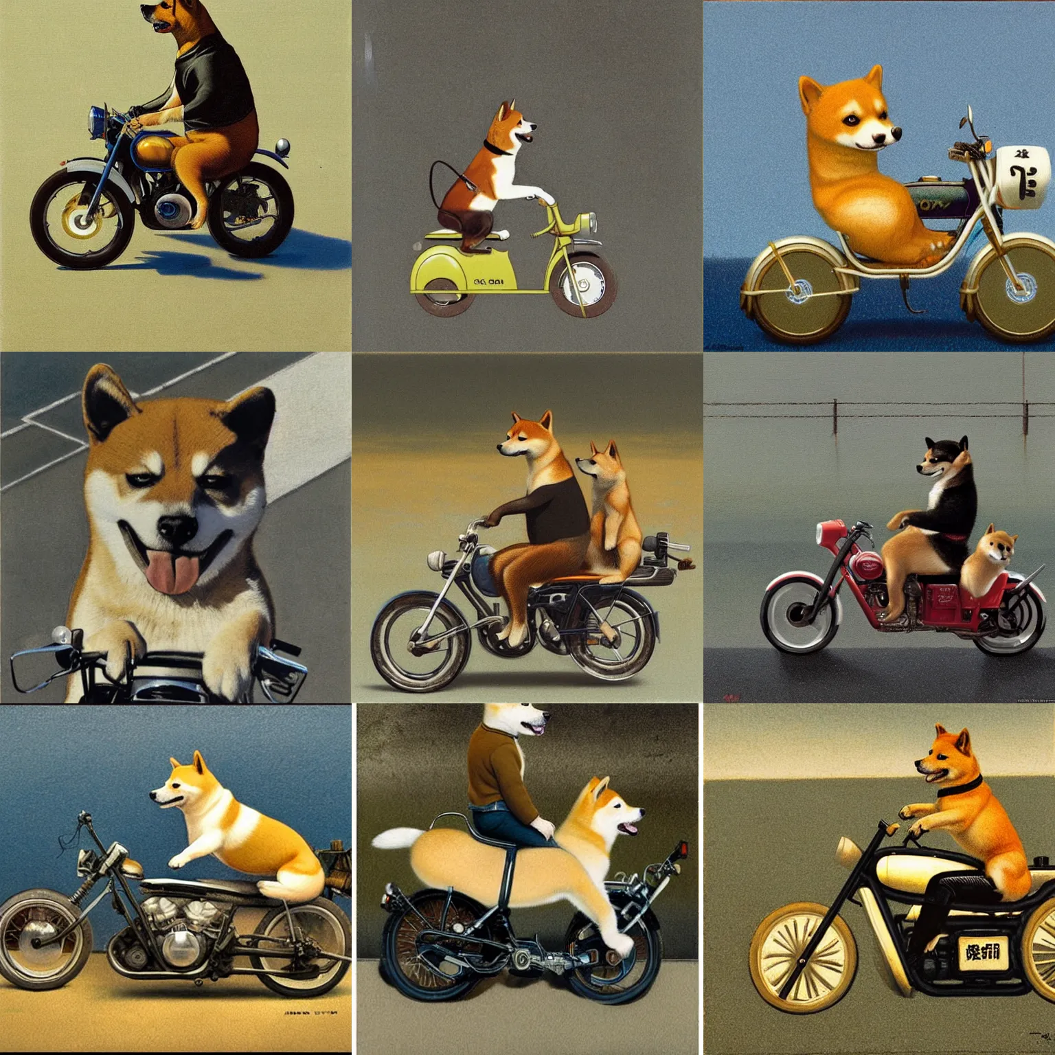 Prompt: A Shiba Inu riding a motorbike, illustrated by Michael Sowa, but as photography