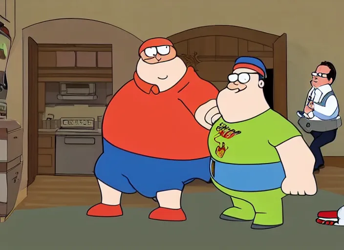 Prompt: peter griffin getting kicked in the face in his house, animation, sharp, still image