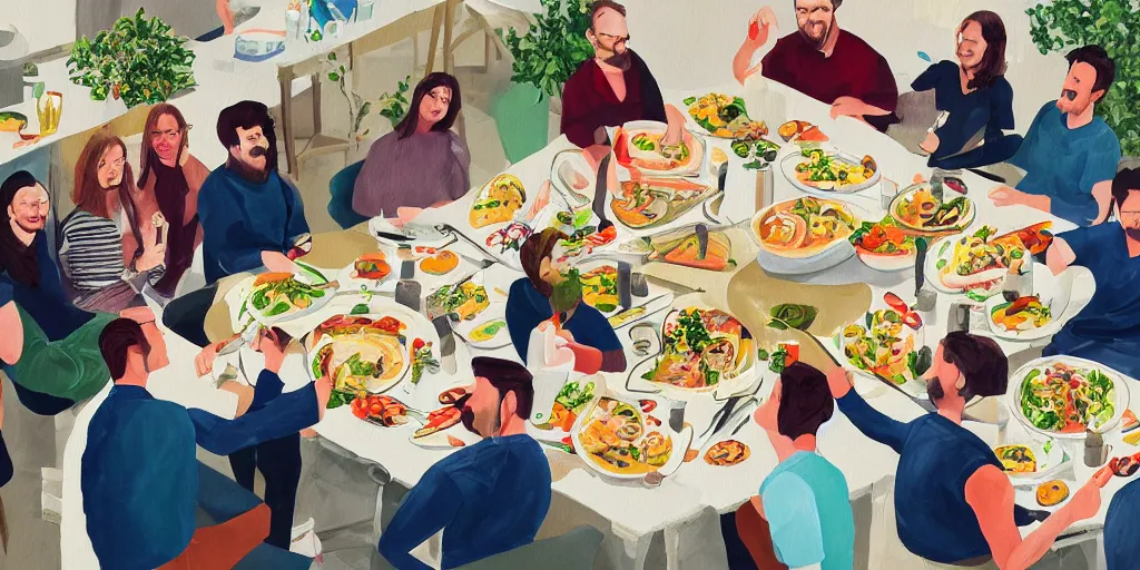 Image similar to painting of work colleagues of a design studio get together to feast on a big table with lots of food