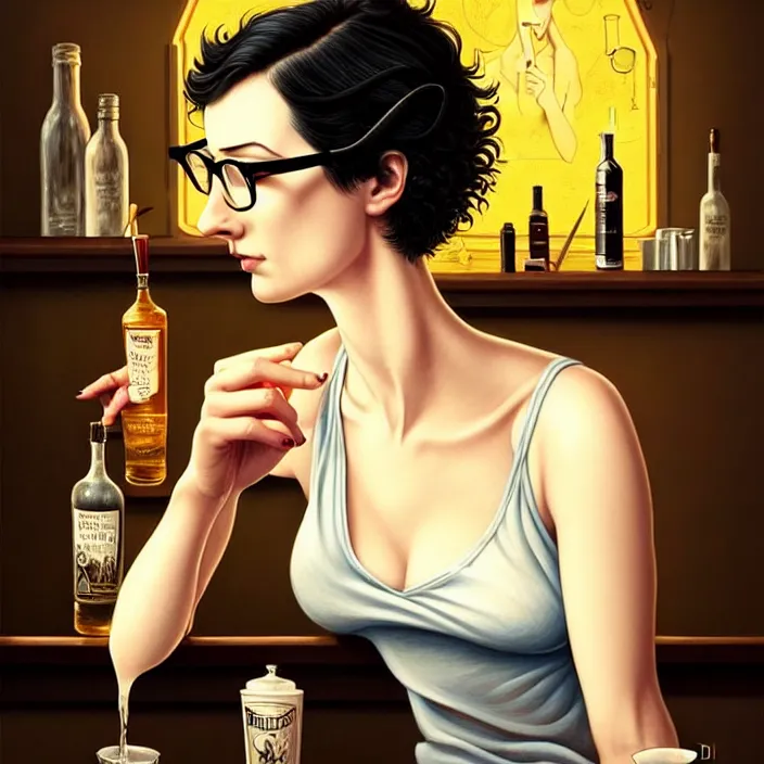 Prompt: a young sophisticated beautiful barmaid, dimly lit dive bar, hip modern vibe, relaxed pose, wavy short black hair and glasses, pale skin, wild, highly detailed, digital painting, artstation, sharp focus, illustration, detailed painterly digital art style by Geof Darrow and Lise Deharme and Tim Hildebrandt + perfect facial symmetry + dim volumetric lighting, vibrant deep colors, 🍸, 8k octane beautifully detailed render, post-processing, extremely hyperdetailed, epic composition, grim yet sparkling atmosphere, cinematic lighting + masterpiece, Art Nouveau, unreal engine, hyperrealistic, old english, sepia