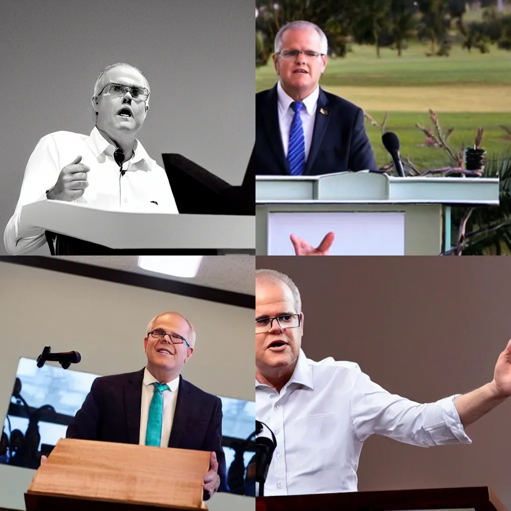 Prompt: Scott Morrison preaching as a televangelist