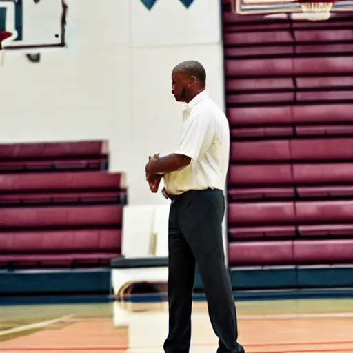 Prompt: A basketball coach standing around on the court