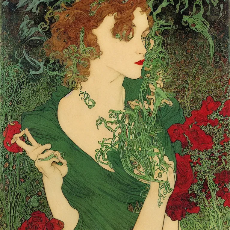 Image similar to A brunette woman standing in a green dress on a gold background, with black roses and red lips Anton Pieck,Jean Delville, Amano,Yves Tanguy, Alphonse Mucha, Ernst Haeckel, Edward Robert Hughes,Stanisław Szukalski and Roger Dean