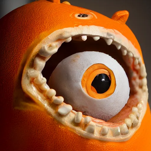 Image similar to a taxidermized annoying orange, in a museum, 8 5 mm lens, 7 0 mm entrance pupil diameter