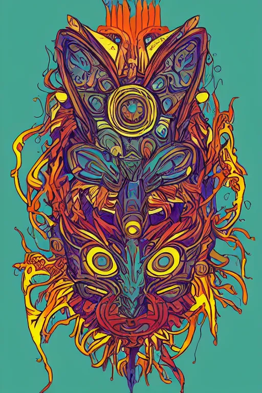 Image similar to animal mask totem roots flower tribal feather gemstone plant wood rock shaman vodoo video game vector cutout illustration vivid multicolor borderlands comics by josan gonzales and dan mumford radiating a glowing aura