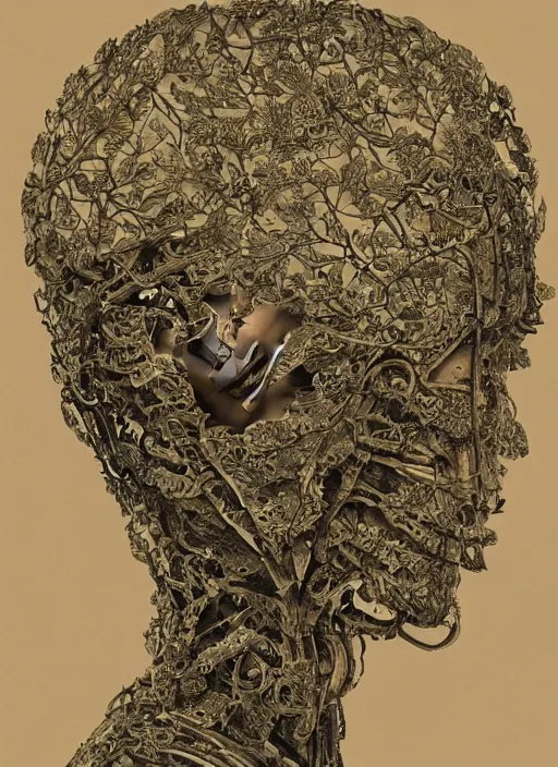 Image similar to a female android's face in profile, made of leaf skeletons, in the style of the Dutch masters and Gregory Crewdson, dark and moody intricate traditional Chinese textures, rococo decorations, hyper detail