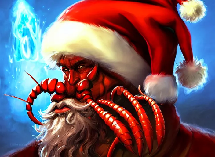 Image similar to magic : the gathering fantasy character concept art of anthropomorphic lobster wearing a christmas hat, by franz frazetta and marco bucci, high resolution. a clear portrait of powerful lobster impersonating santa, magical christmas wonderland in background, fantasy coloring, intricate, digital painting, artstation, smooth, sharp focus