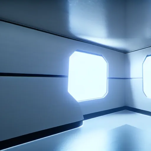 Image similar to a white room twelve by ten by eight, proportionally perfect, geometrically perfect, clean and empty, sci fi spaceship futuristic paneling unreal engine, general studio lighting, 8 k,