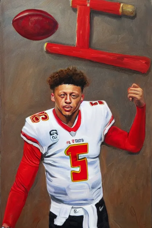 Image similar to patrick mahomes with a whaling harpoon oil painting portrait