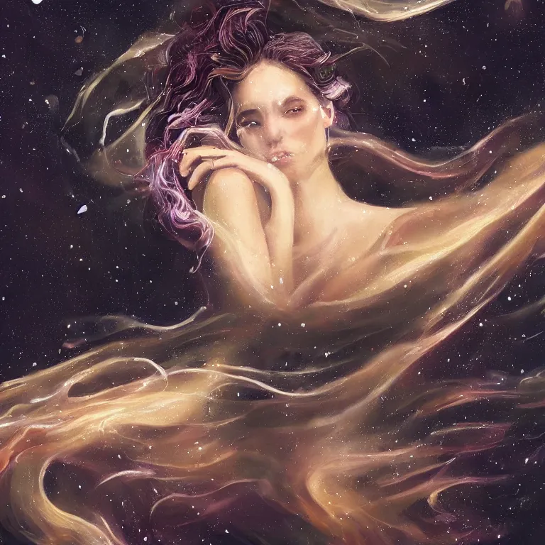 Prompt: a painting woman with dark hair full of cosmic nebulae drowning in a roiling ocean of coffee, flowing white sparkling robes, ethereal fireflies, nostalgic melancholic artwork, masterpiece, stunning, artstation