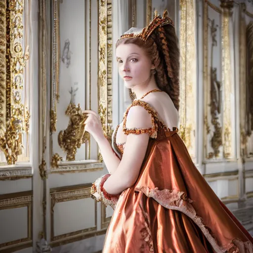 Prompt: young attractive beautiful duchess in versailles, wow 4 k detail fantasy, matte painting, realistic materials, photo realistic, postprocessing, cinematic, hyperrealistic, studio lighting, ekaterina, the tudors, photography by richard jenkins